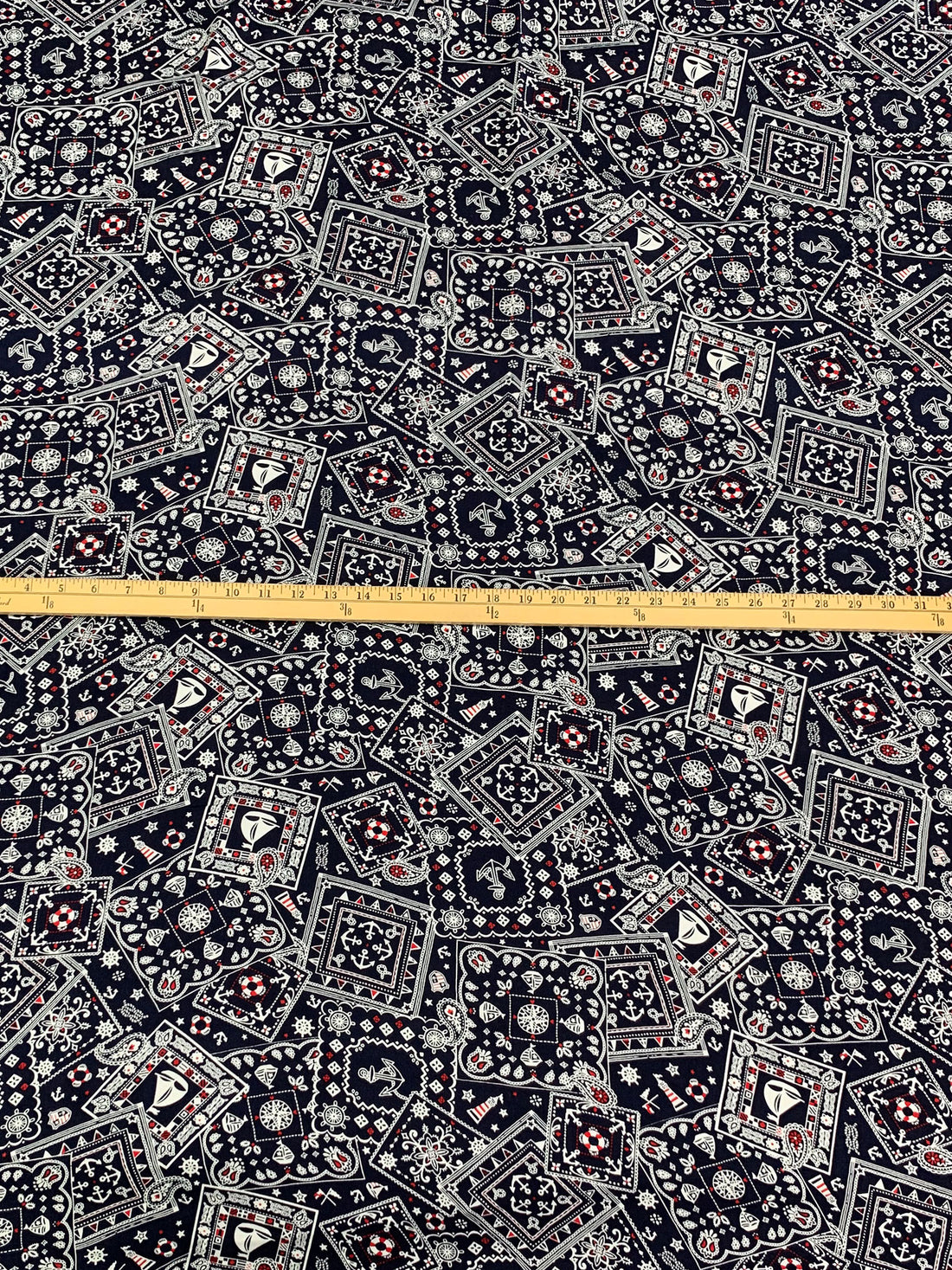 Dark Navy/White/Red 100% Rayon Stylized Nautical Print Challis 43W