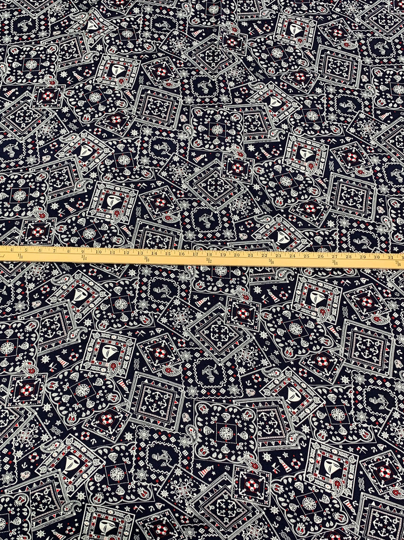 Dark Navy/White/Red 100% Rayon Stylized Nautical Print Challis 43W