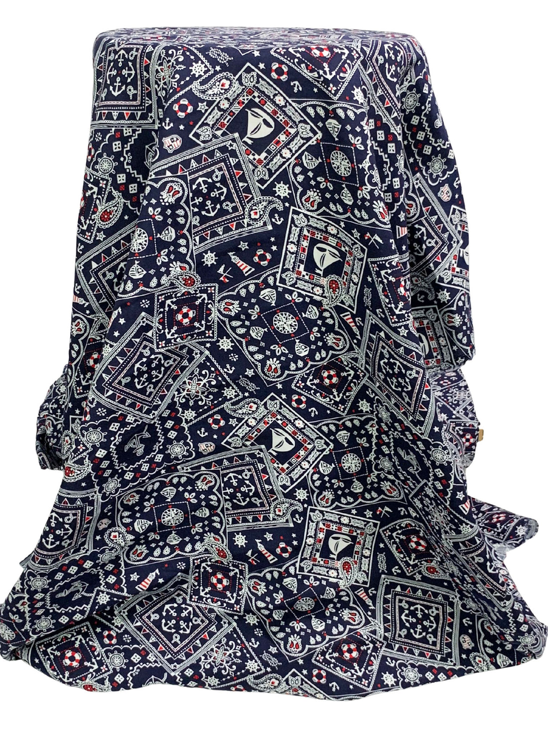 Dark Navy/White/Red 100% Rayon Stylized Nautical Print Challis 43W