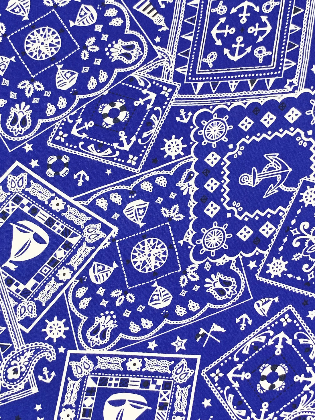 Royal Azure Blue/White/Black 100% Rayon Stylized Nautical Print Challis 43W