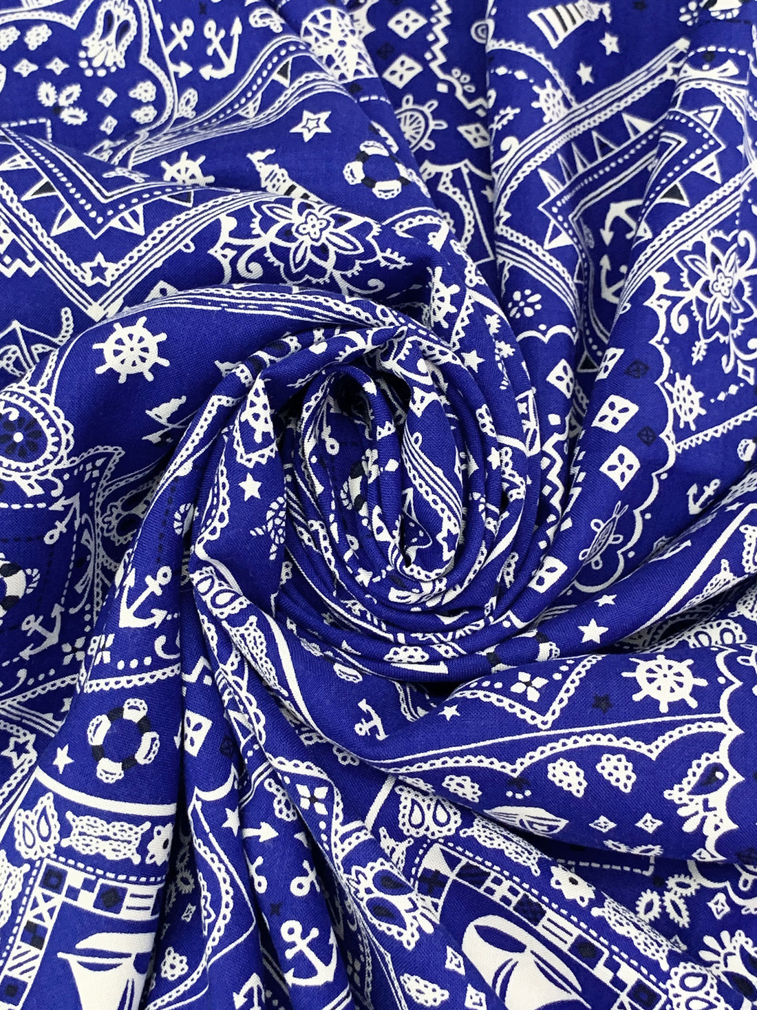 Royal Azure Blue/White/Black 100% Rayon Stylized Nautical Print Challis 43W