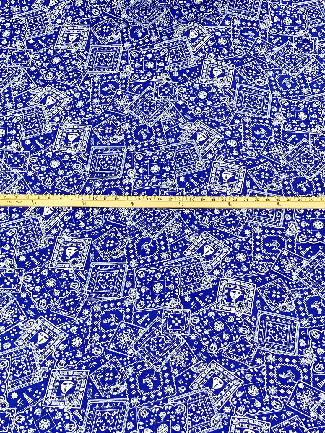 Royal Azure Blue/White/Black 100% Rayon Stylized Nautical Print Challis 43W