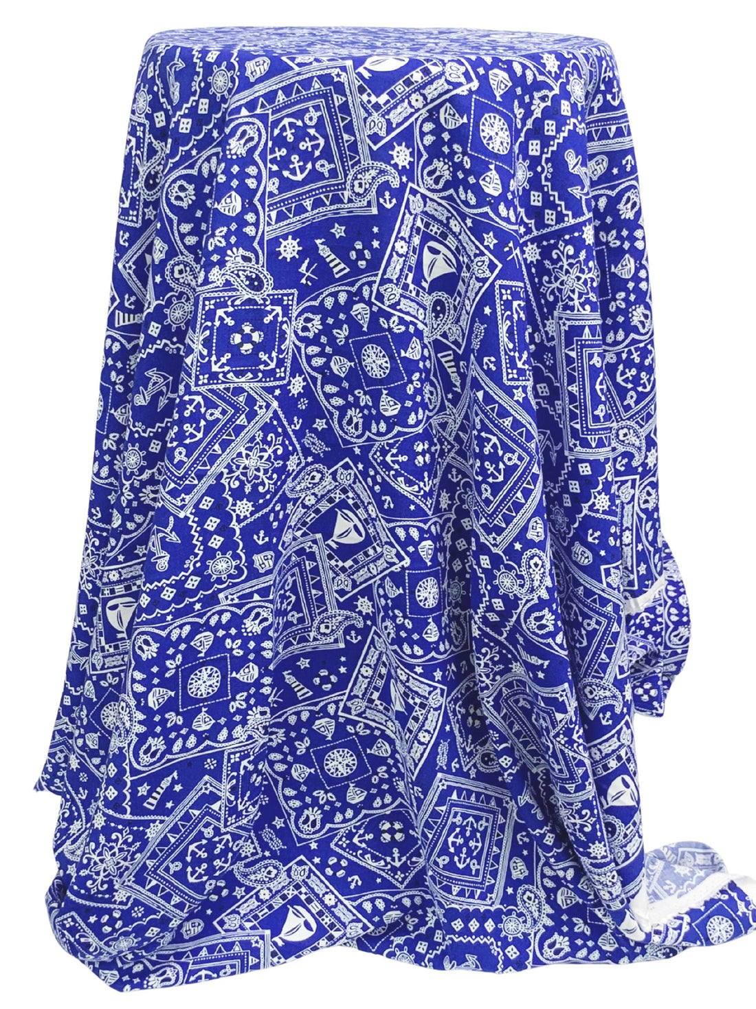 Royal Azure Blue/White/Black 100% Rayon Stylized Nautical Print Challis 43W