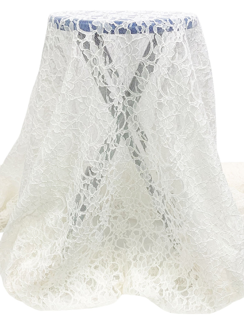 Pale Ivory 100% Polyester Double Scalloped Border Floral Design Corded Lace - Famous Dress Designer - 50W