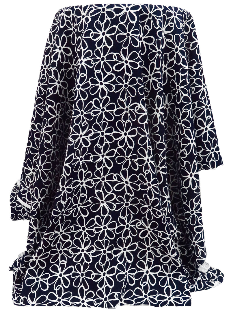Midnight Navy/Ghost White 100% Rayon Artistic Floral Print Challis 43W
