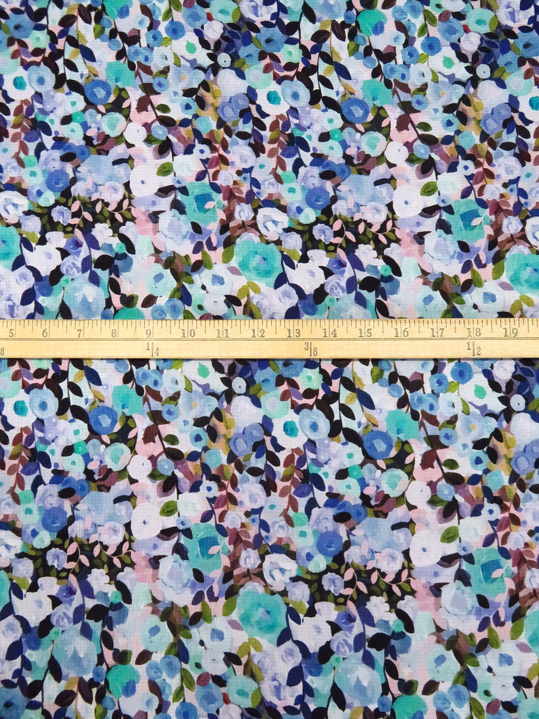 Cornflower/Olive/Black/Multi 100% Polyester Flower Garden Print Bubble Crinkle Charmeuse 58W