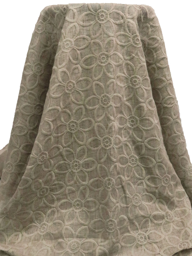 Clay Pebble 100% Linen Large Embroidered Floral Linen 56W