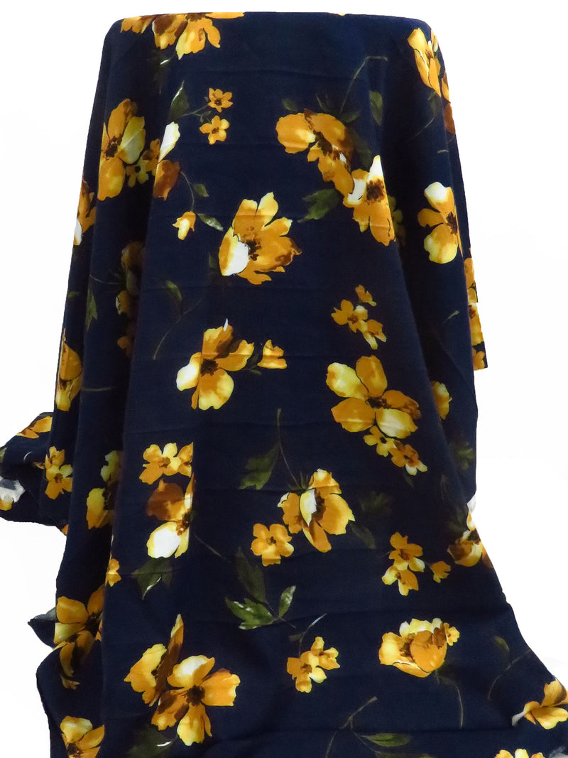 Midnight Blue/Goldenrod/Dark Moss/Multi 100% Rayon Floral Stem Print Challis 44W