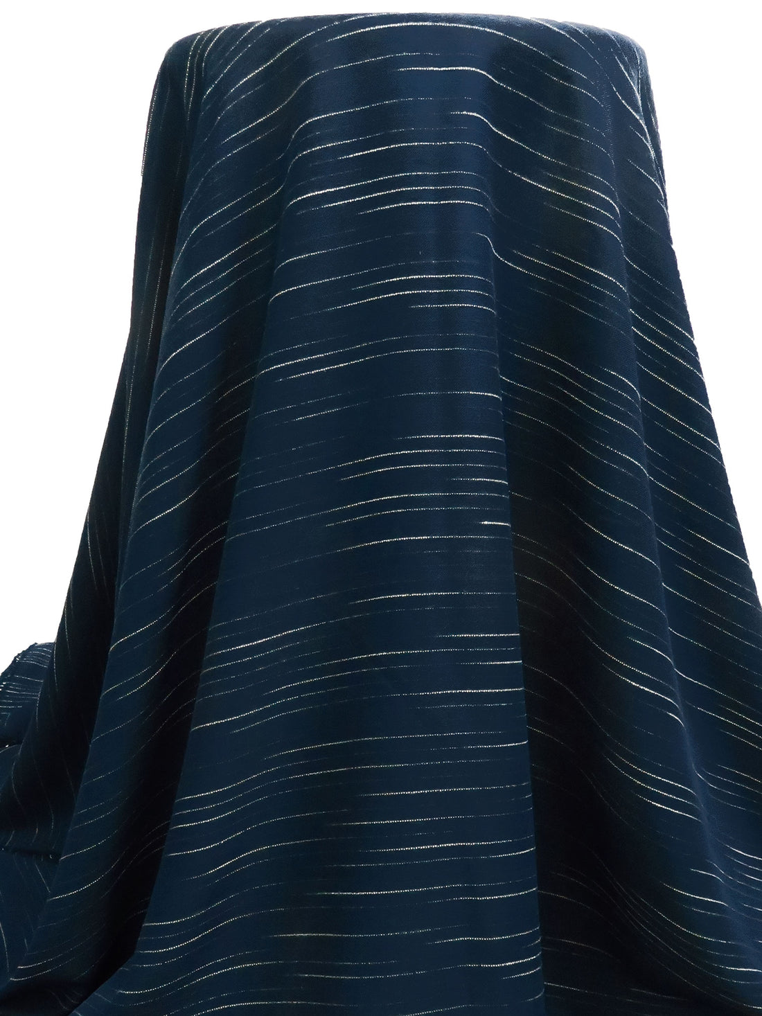Midnight Navy/White 100% Polyester Horizontal Broken Stripe Weave Drapey Twill Suiting 58W
