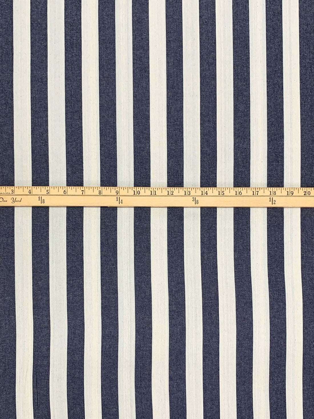 Muted Navy/Parchment 100% Cotton Vertical Stripe Washed Denim Chambray 57W