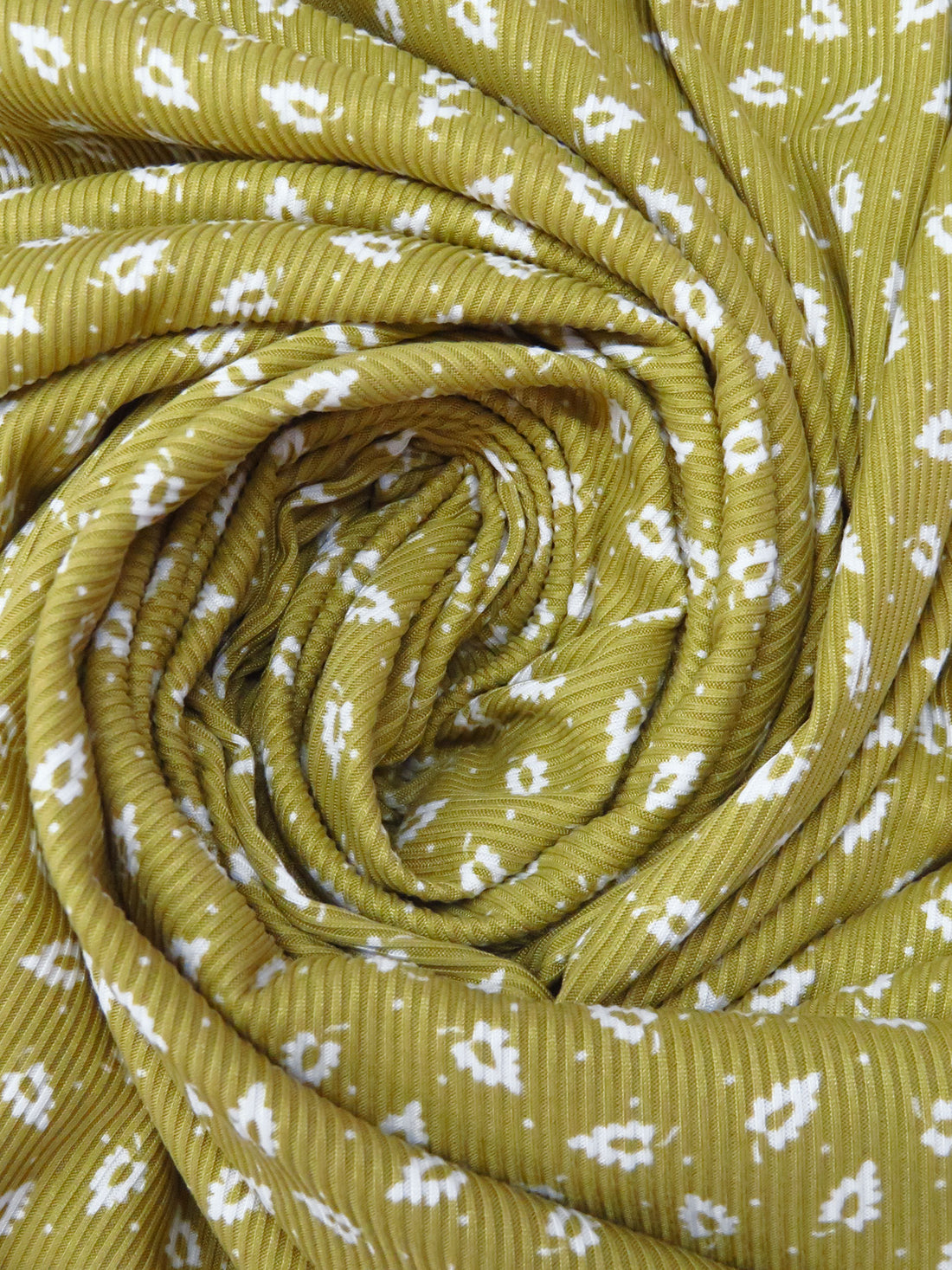 Olive/White Polyester/Lycra Small Leaf Print Double Brushed Rib Knit 58W