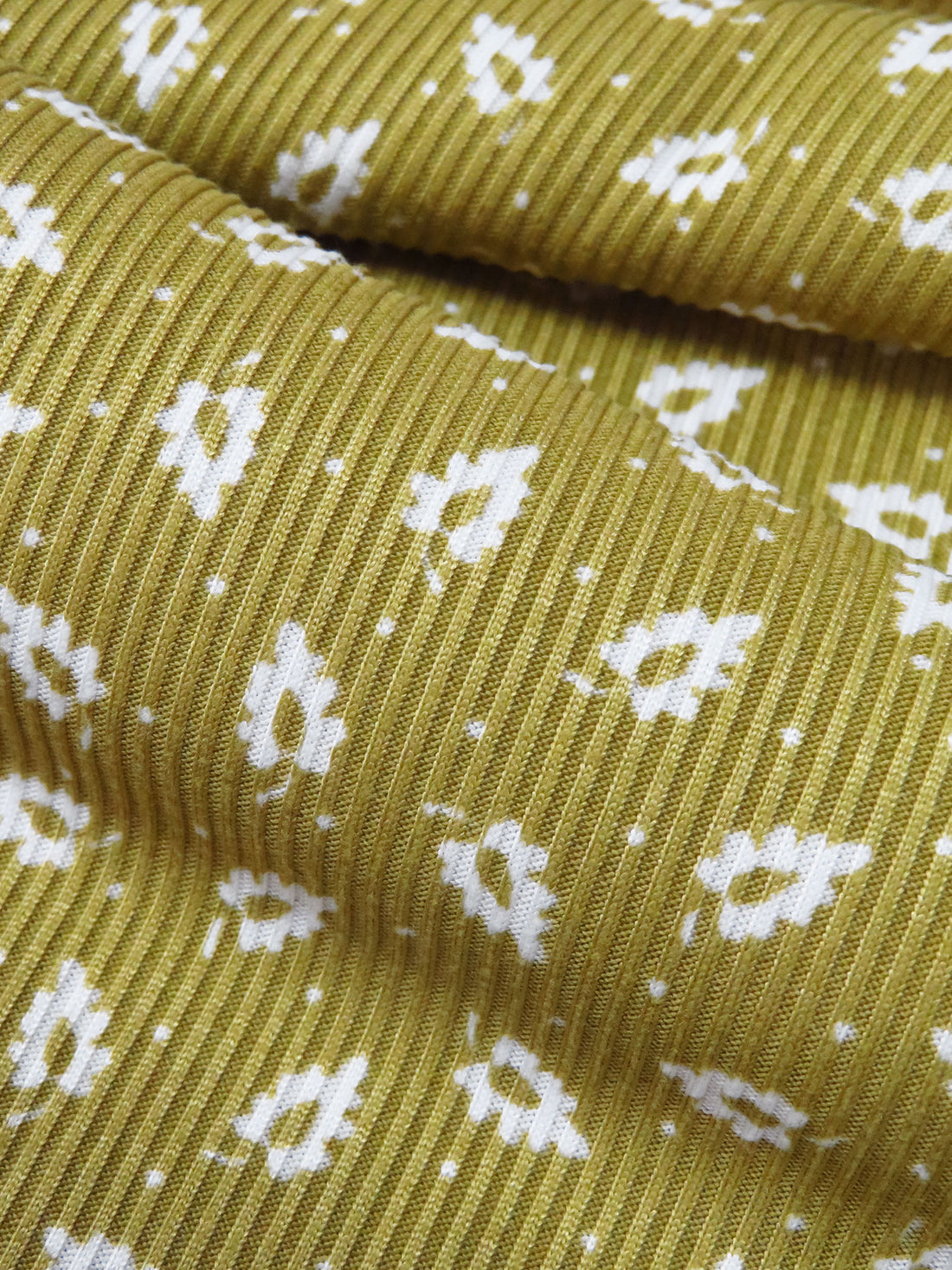 Olive/White Polyester/Lycra Small Leaf Print Double Brushed Rib Knit 58W