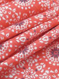 Living Coral/Iron Gray/White/Sky Blue Rayon/Lycra Small Medallion Double Border Print Jersey Knit 60W