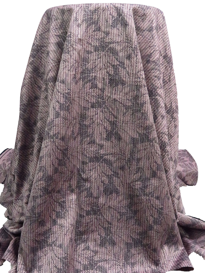 Lotion Pink/Black 100% Cotton Vertical Stripe On Leaf Branch Weave Jacquard Shirting 60W