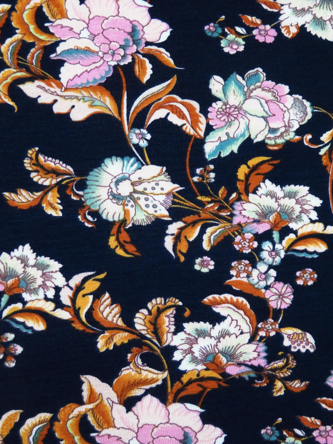 Midnight Blue/Marigold/Lavender Pink/Multi Rayon/Lycra Ornate Floral Print Jersey Knit 56W