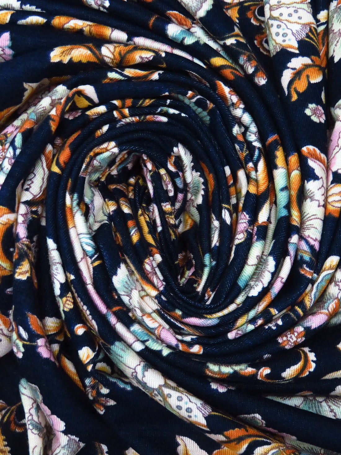 Midnight Blue/Marigold/Lavender Pink/Multi Rayon/Lycra Ornate Floral Print Jersey Knit 56W