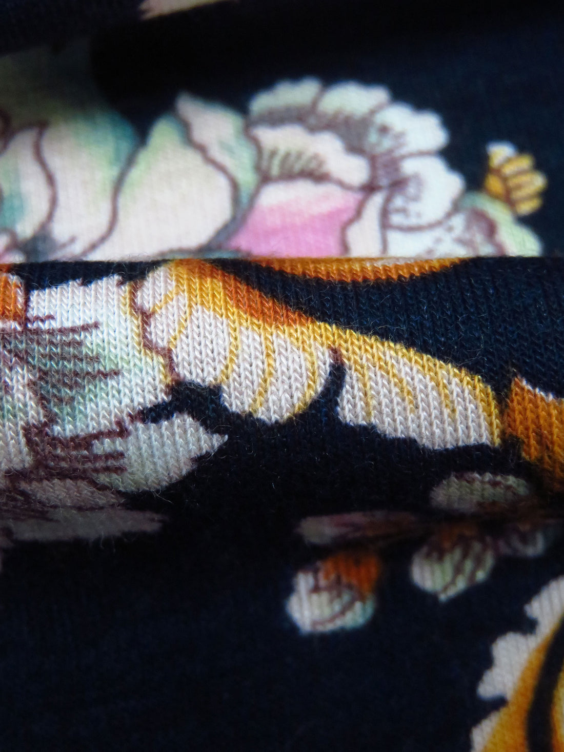 Midnight Blue/Marigold/Lavender Pink/Multi Rayon/Lycra Ornate Floral Print Jersey Knit 56W