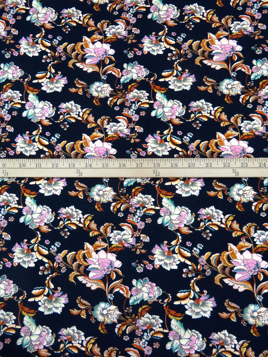 Midnight Blue/Marigold/Lavender Pink/Multi Rayon/Lycra Ornate Floral Print Jersey Knit 56W