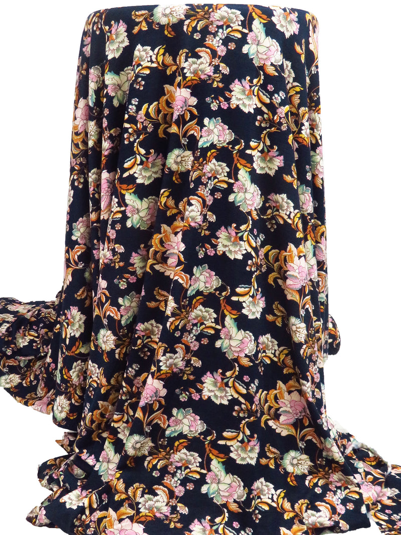 Midnight Blue/Marigold/Lavender Pink/Multi Rayon/Lycra Ornate Floral Print Jersey Knit 56W