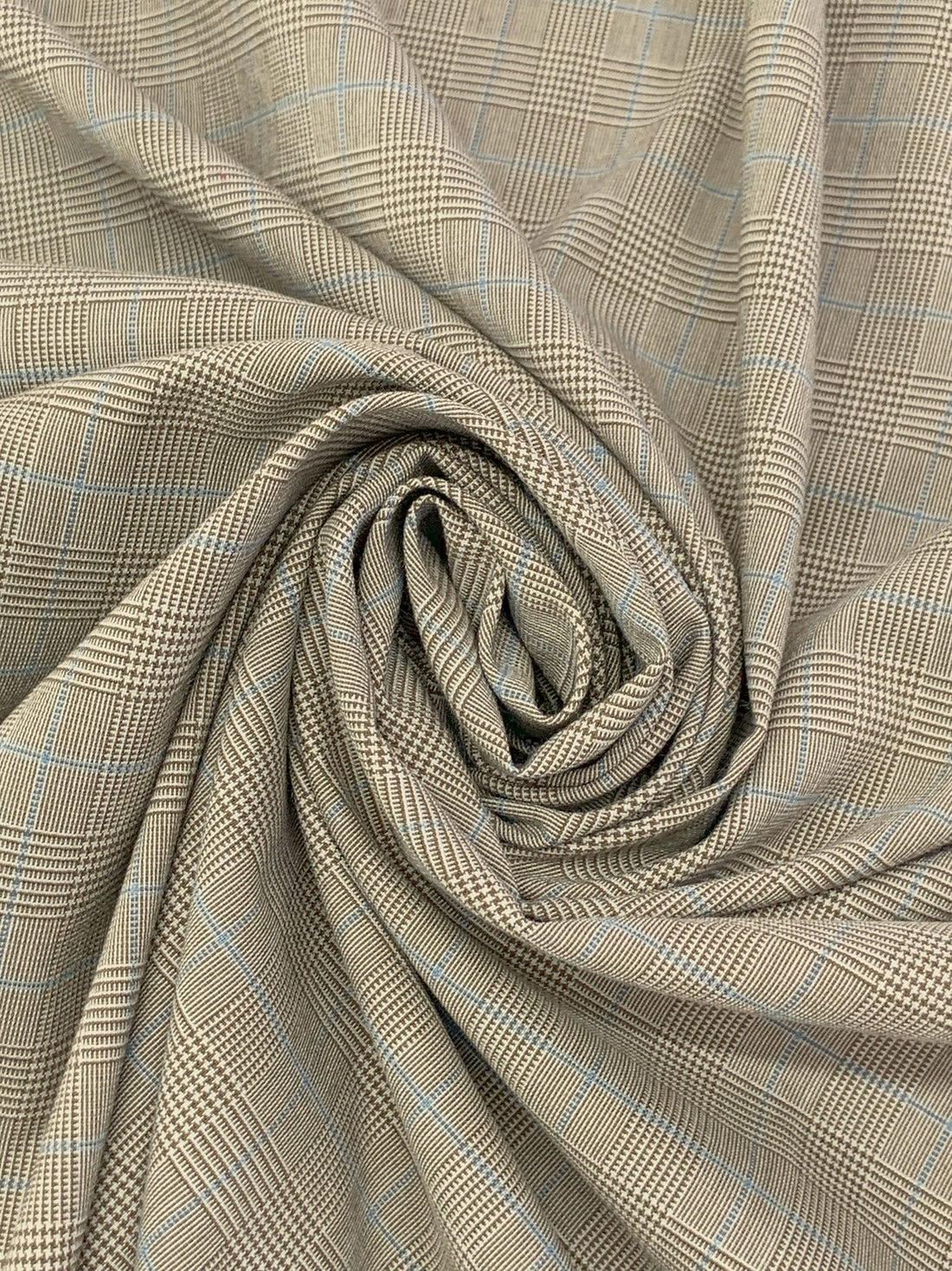 Shadow Brown/Off-White/Slate Blue Polyester/Rayon/Lycra Yarn-Dyed Plaid Weave Stretch Suiting 50W