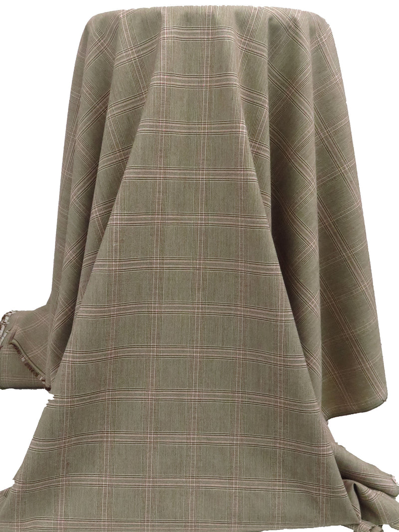 Dark Chocolate/Bisque/Pink Sherbet Polyester/Rayon/Lycra Yarn-Dyed Plaid Weave Stretch Suiting 50W