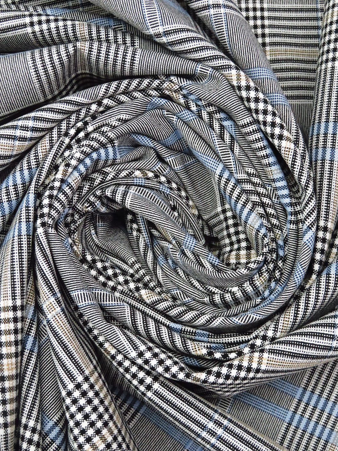 White/Black/Warm Sand/Light Cobalt Blue Polyester/Rayon/Lycra Yarn-Dyed Plaid Weave Stretch Suiting 54W