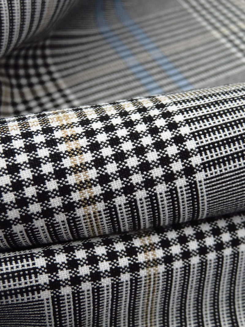 White/Black/Warm Sand/Light Cobalt Blue Polyester/Rayon/Lycra Yarn-Dyed Plaid Weave Stretch Suiting 54W