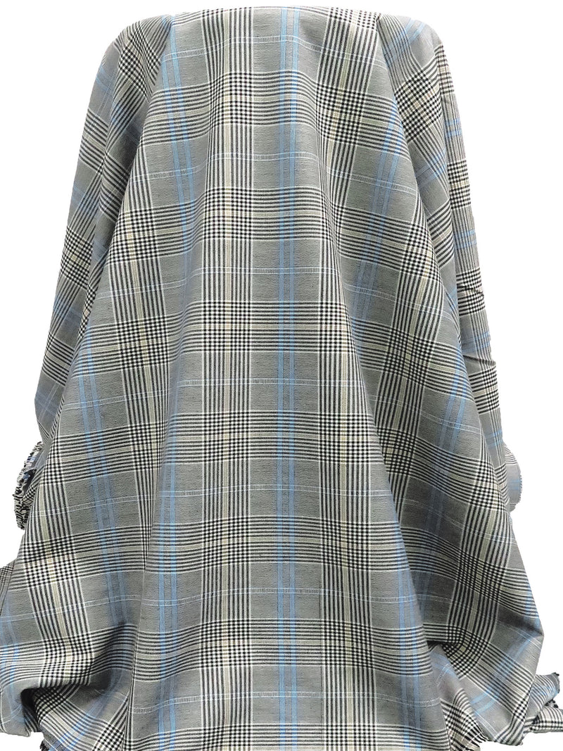 White/Black/Warm Sand/Light Cobalt Blue Polyester/Rayon/Lycra Yarn-Dyed Plaid Weave Stretch Suiting 54W