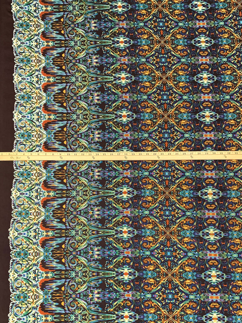 Spice/Steel Blue/Brown/Multi Polyester/Lycra Large Double Border Abstract Ornate Print DTY Knit 58W