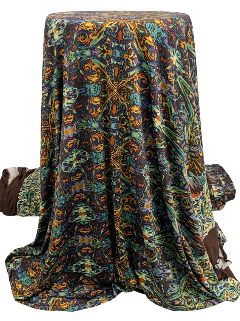Spice/Steel Blue/Brown/Multi Polyester/Lycra Large Double Border Abstract Ornate Print DTY Knit 58W