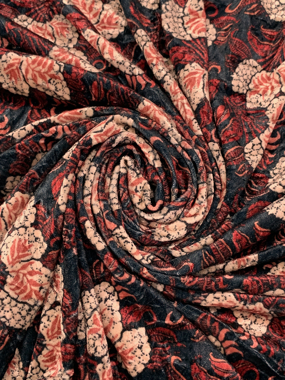 Apricot/Vivid Auburn/Midnight Blue Polyester/Lycra Floral Print Stretch Velvet Knit - Imported From Italy - 54W