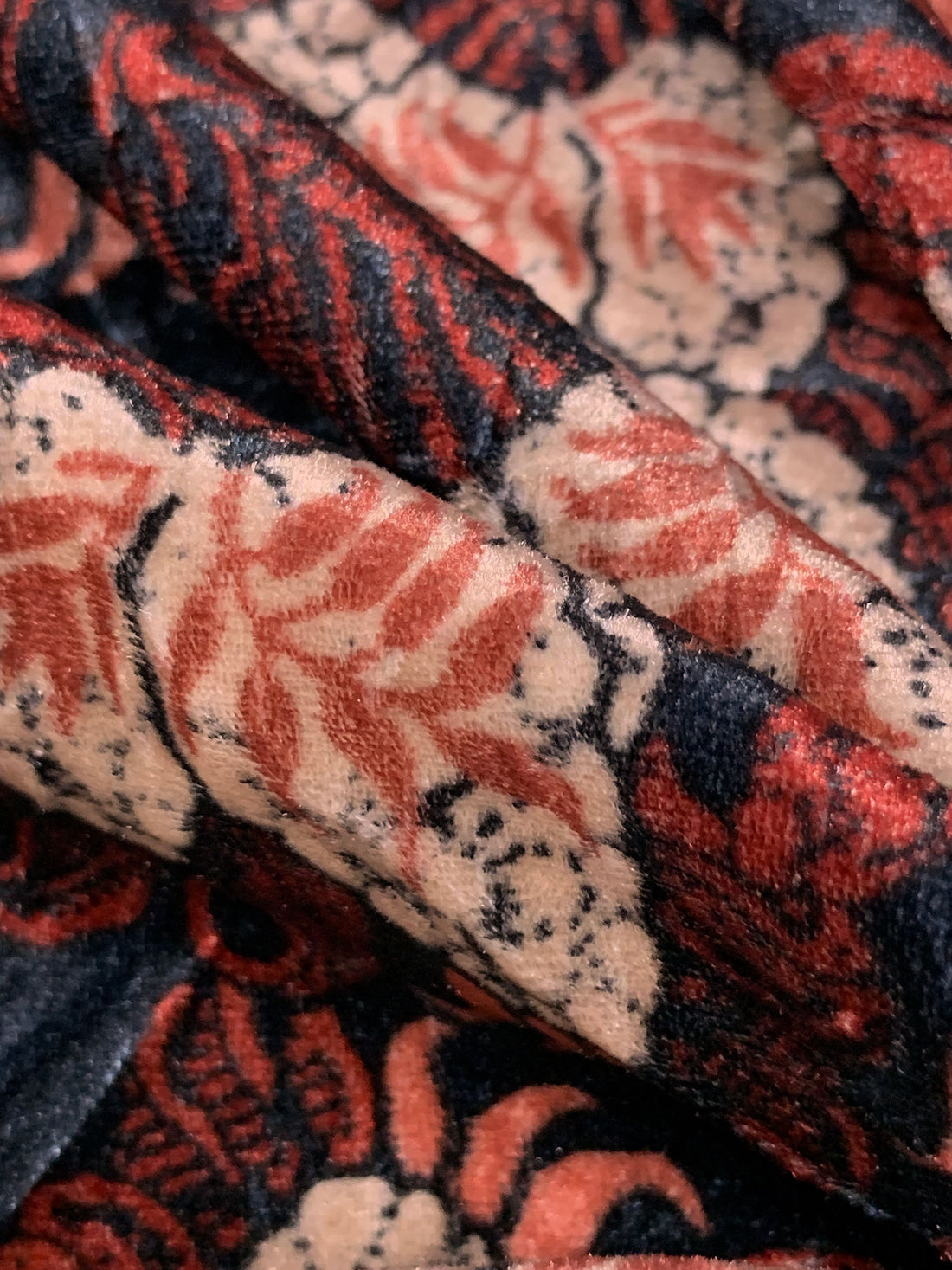 Apricot/Vivid Auburn/Midnight Blue Polyester/Lycra Floral Print Stretch Velvet Knit - Imported From Italy - 54W