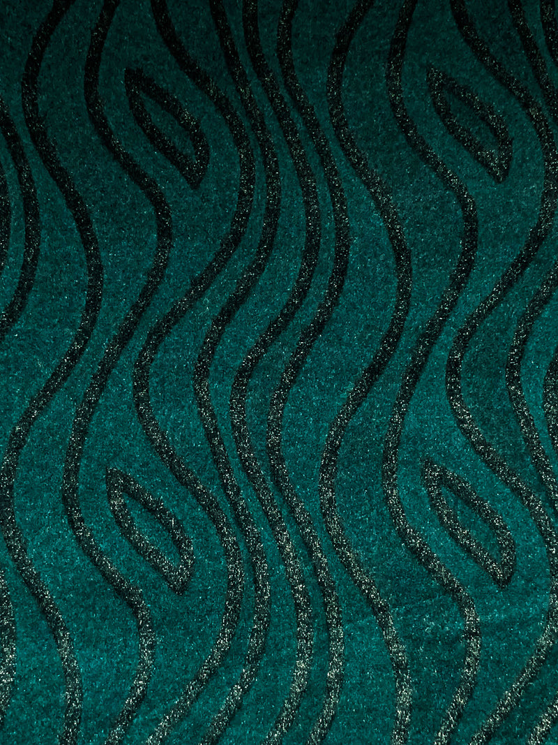 Dark Pine/Silver Polyester/Lycra Wavy Shimmer Print Stretch Velvet Knit 58W