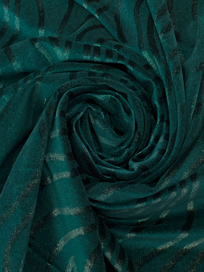 Dark Pine/Silver Polyester/Lycra Wavy Shimmer Print Stretch Velvet Knit 58W