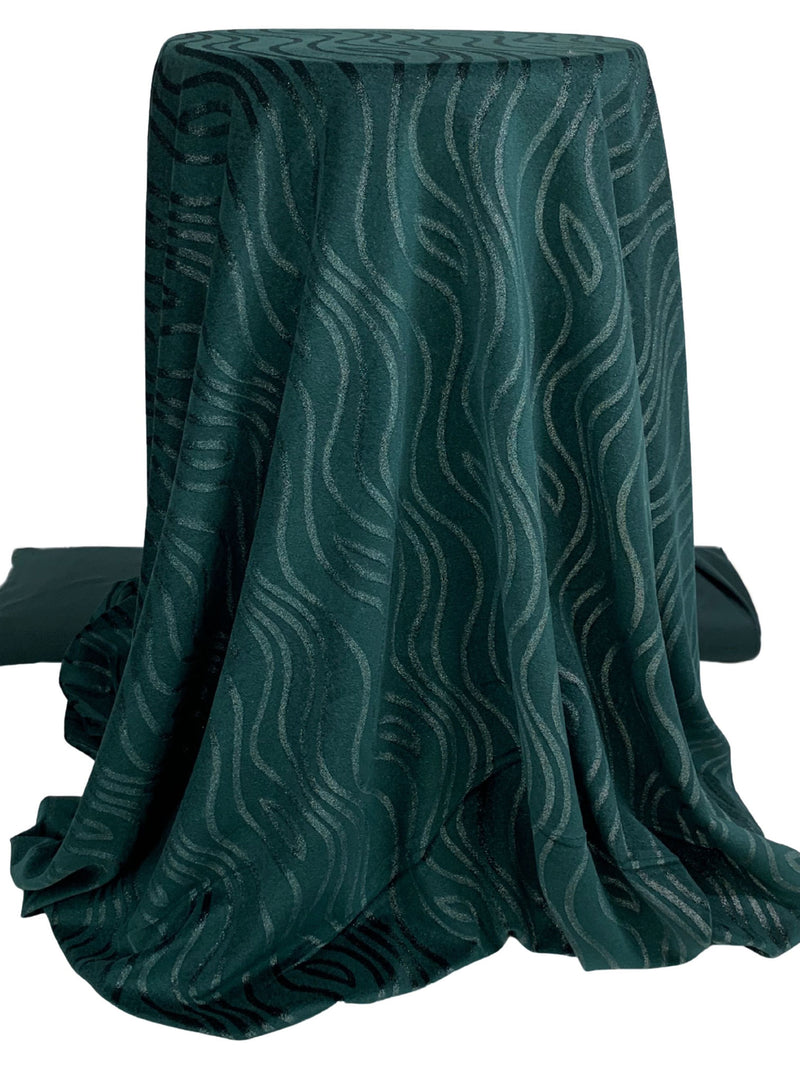 Dark Pine/Silver Polyester/Lycra Wavy Shimmer Print Stretch Velvet Knit 58W