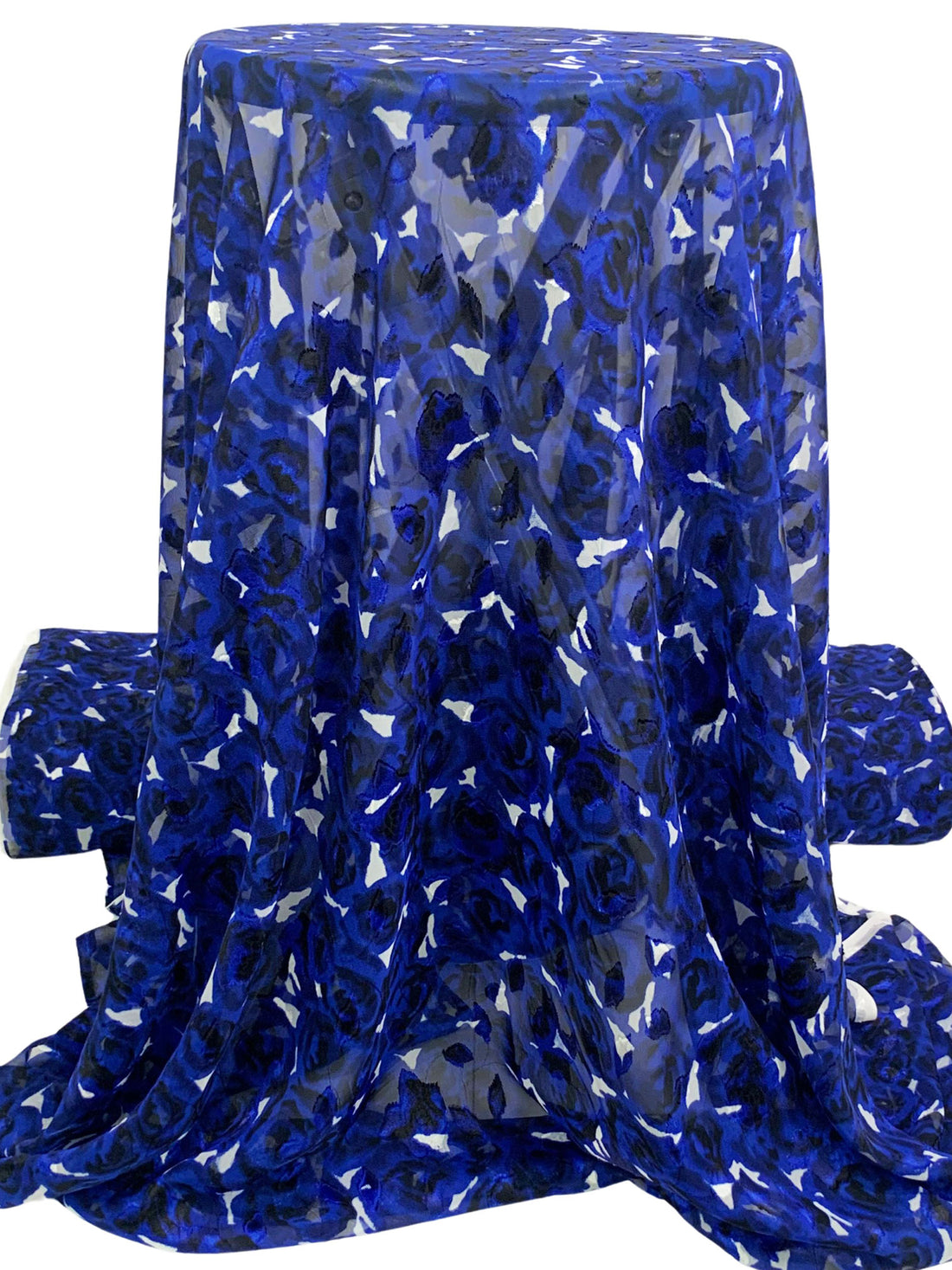 Dark Imperial Blue/Black/White 100% Polyester Floral Print Jacquard Chiffon 57W