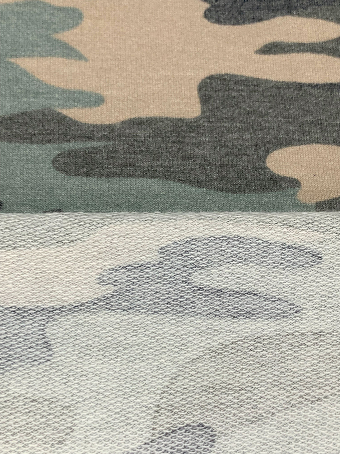 Burnished Pewter/Muted Tan/Multi Polyester/Rayon/Lycra Camouflage Print French Terry Knit 58W