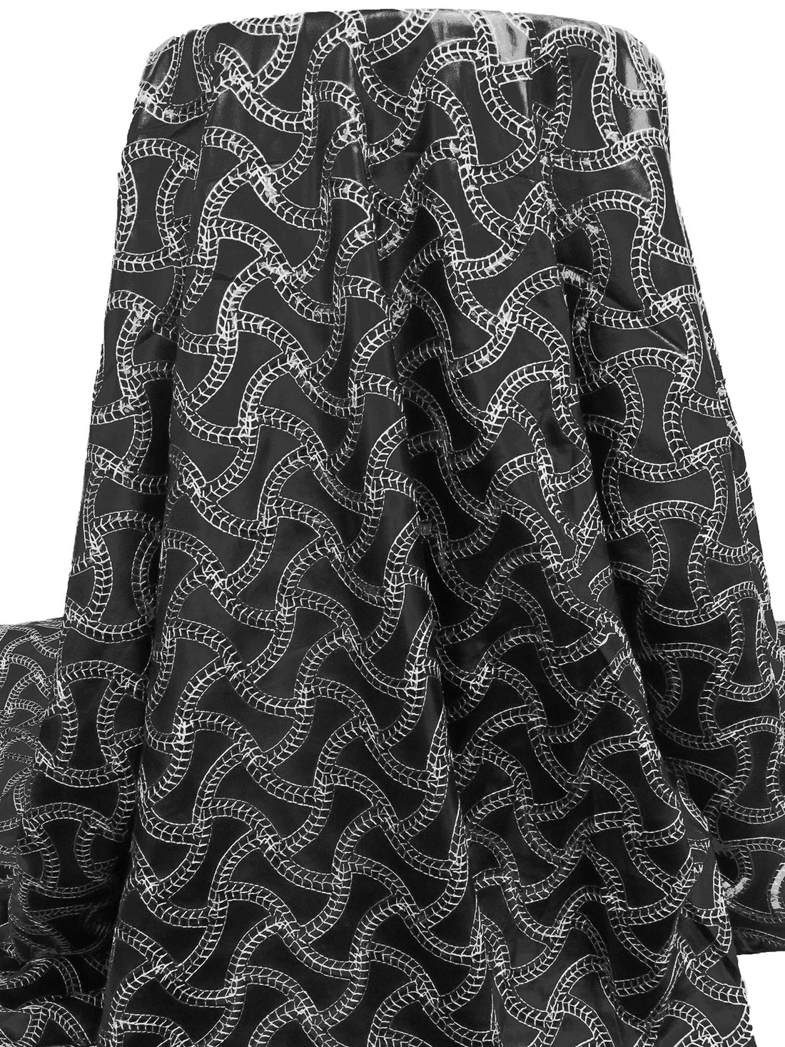 Black/White 100% Polyurethane Laser Cut Abstract Stitched Leather Look Netting - LA Designer - 58W
