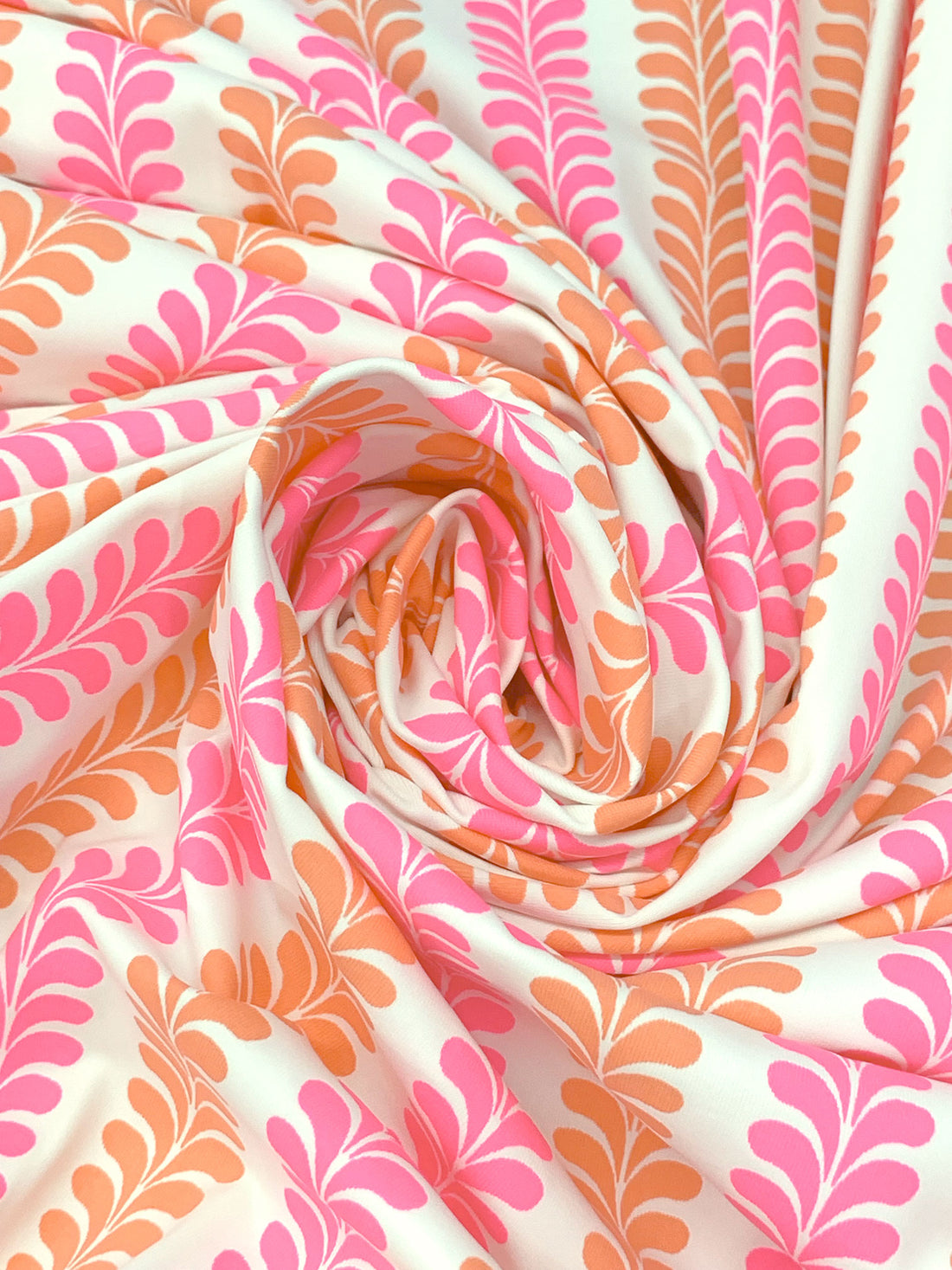 Pink Sherbet/Dark Salmon/White Nylon/Lycra Vertical Ornate Novelty Stripe Print 4 Way Stretch Knit 60W