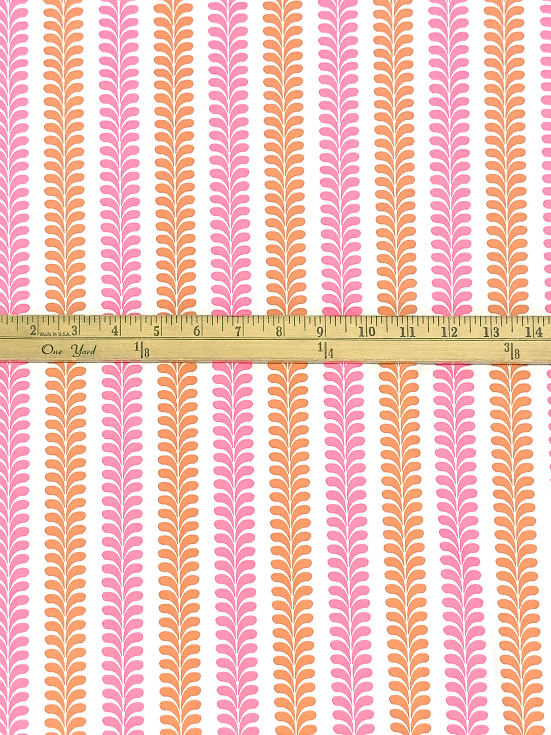 Pink Sherbet/Dark Salmon/White Nylon/Lycra Vertical Ornate Novelty Stripe Print 4 Way Stretch Knit 60W