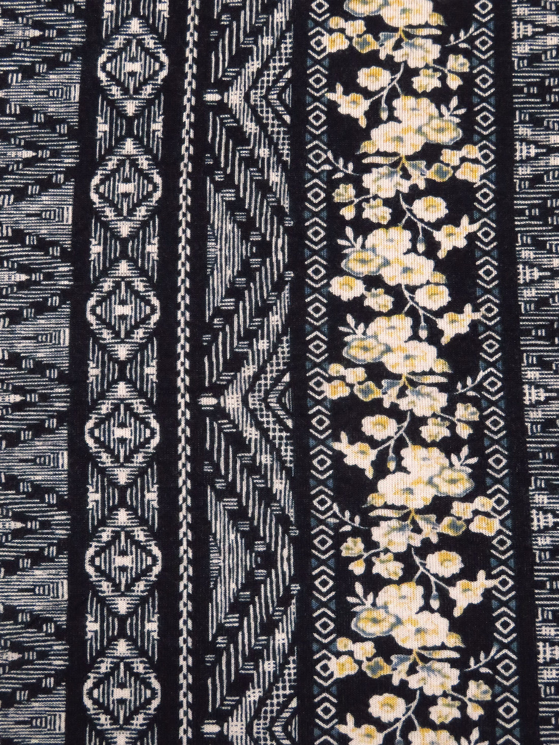 Black/Almond/Light Goldenrod/Multi Rayon/Lycra Vertical Geometric and Floral Stripe Print Jersey Knit 54W