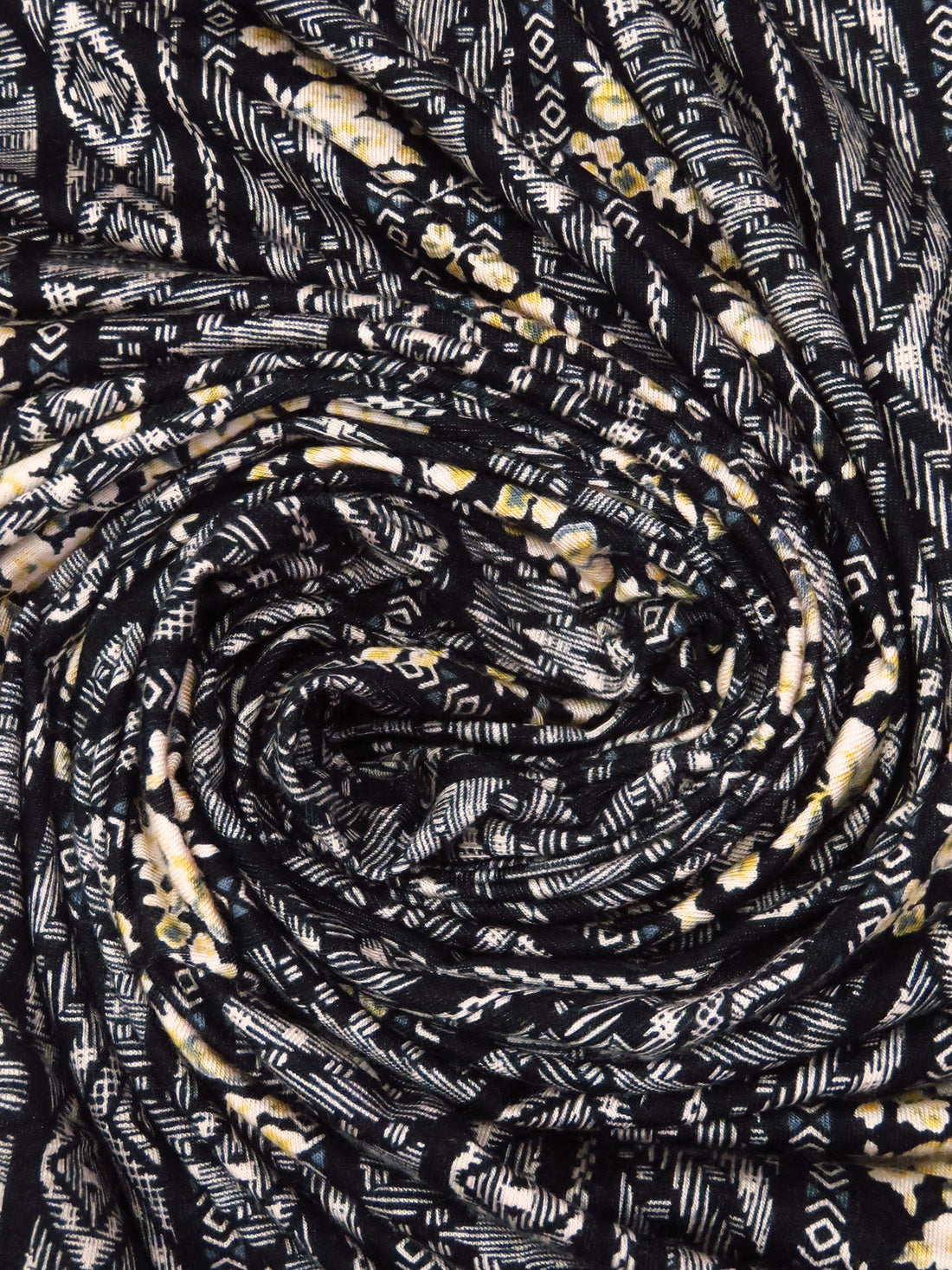 Black/Almond/Light Goldenrod/Multi Rayon/Lycra Vertical Geometric and Floral Stripe Print Jersey Knit 54W