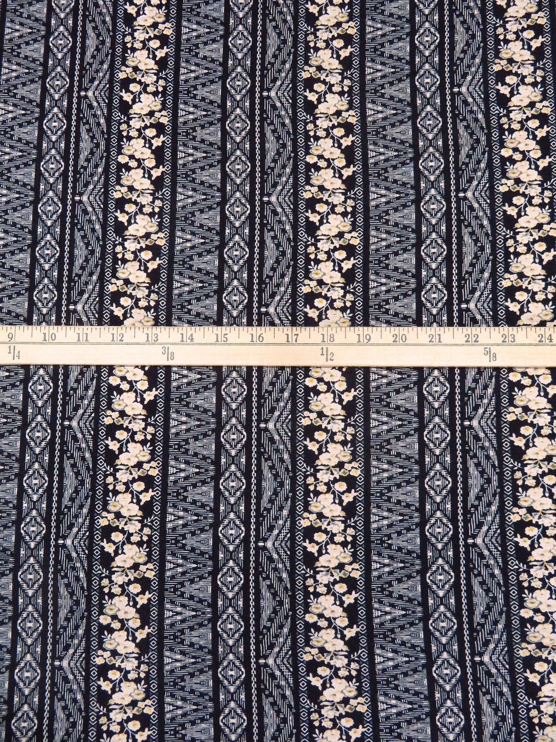 Black/Almond/Light Goldenrod/Multi Rayon/Lycra Vertical Geometric and Floral Stripe Print Jersey Knit 54W