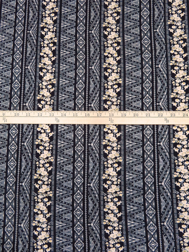Black/Almond/Light Goldenrod/Multi Rayon/Lycra Vertical Geometric and Floral Stripe Print Jersey Knit 54W