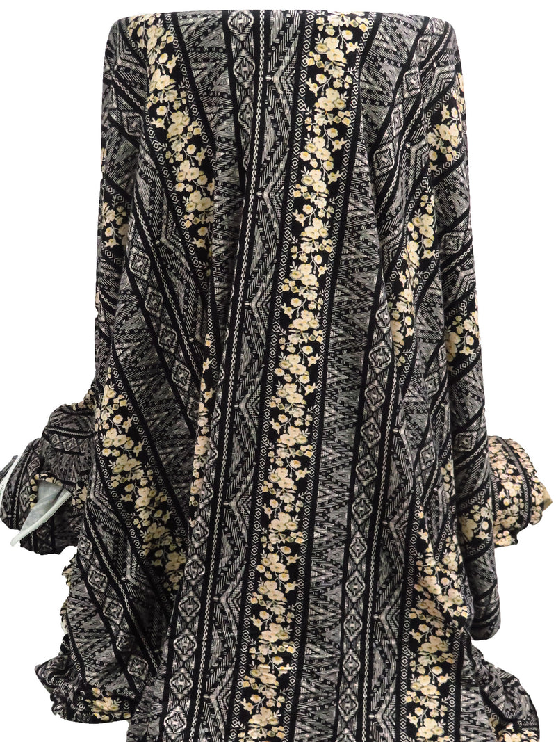 Black/Almond/Light Goldenrod/Multi Rayon/Lycra Vertical Geometric and Floral Stripe Print Jersey Knit 54W