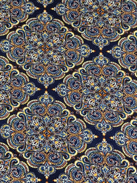 Dark Navy/Marigold/Russet/Multi Rayon/Lycra Stylized Ornate Diamond Medallion Print Jersey Knit 58W