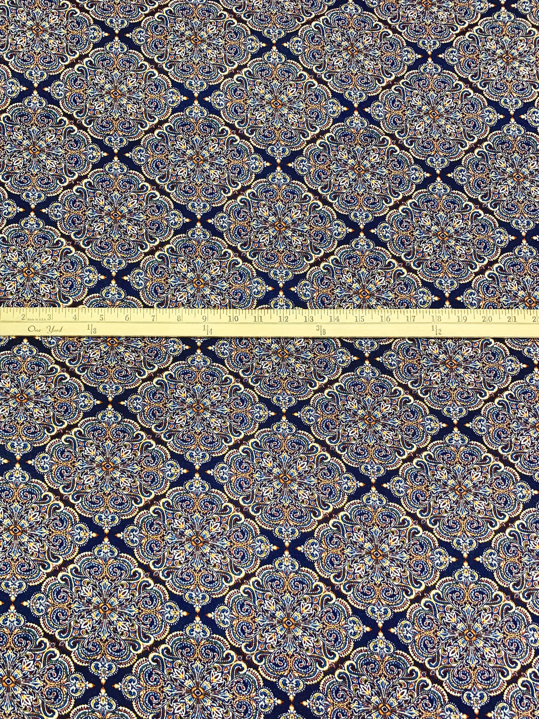 Dark Navy/Marigold/Russet/Multi Rayon/Lycra Stylized Ornate Diamond Medallion Print Jersey Knit 58W