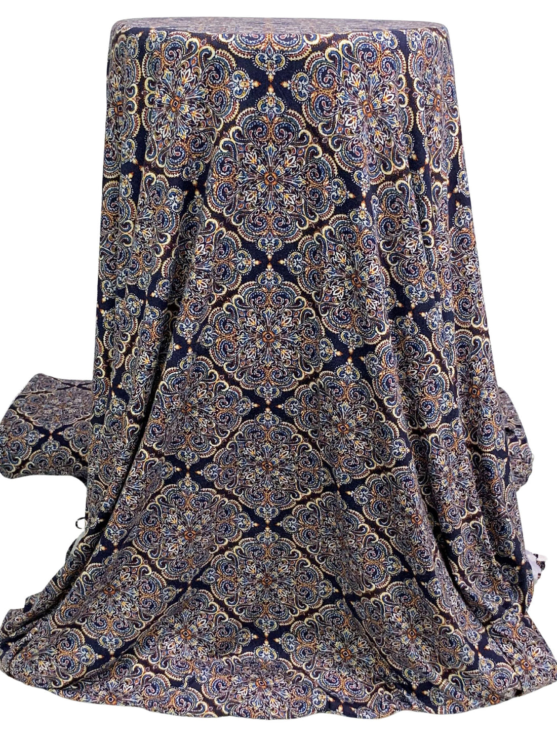 Dark Navy/Marigold/Russet/Multi Rayon/Lycra Stylized Ornate Diamond Medallion Print Jersey Knit 58W
