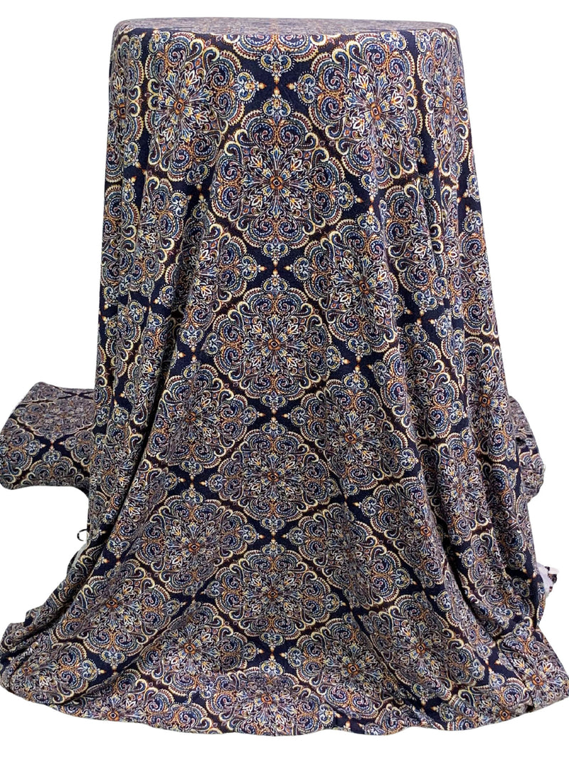 Dark Navy/Marigold/Russet/Multi Rayon/Lycra Stylized Ornate Diamond Medallion Print Jersey Knit 58W