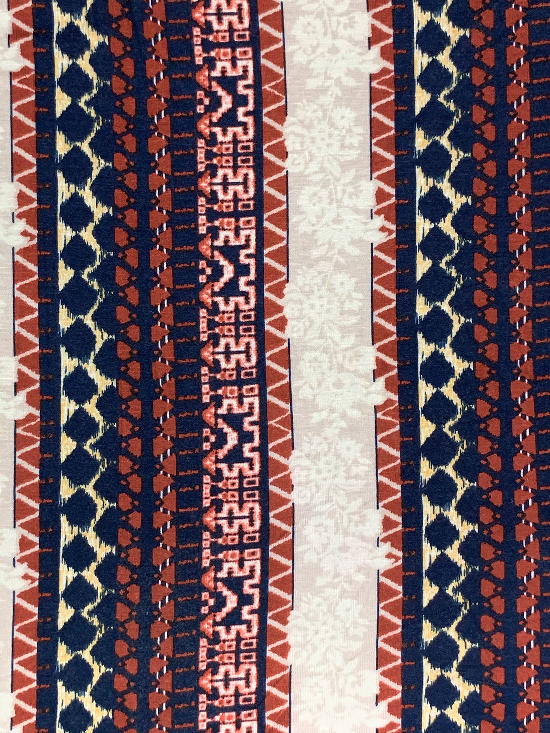 Navy/Chestnut/Pale Stone/Multi Rayon/Lycra Vertical Stylized Floral Stripe Print Jersey Knit 58W